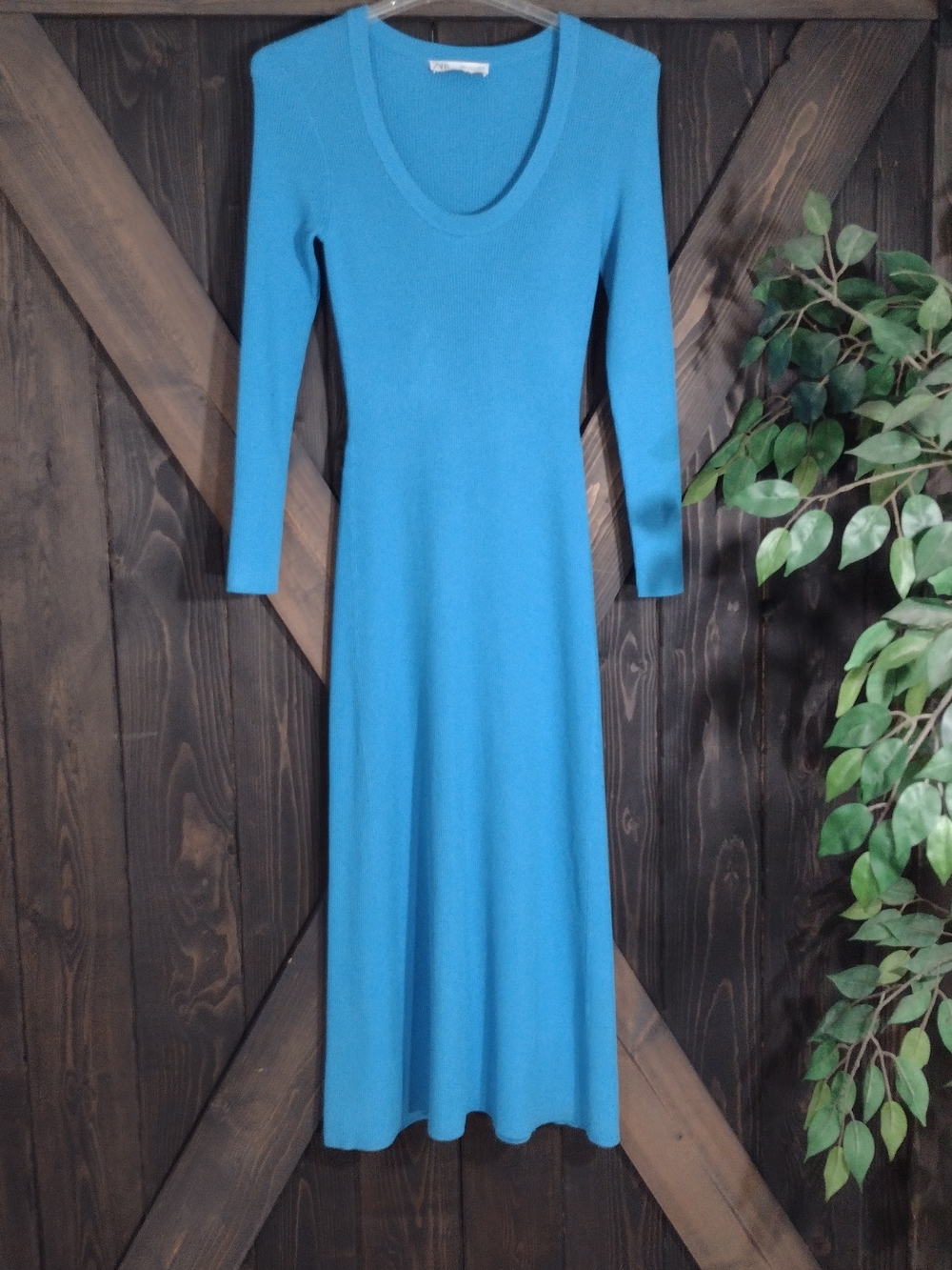 Zara Blue Long Sleeve Scoop Neck Knit Maxi Dress Size Large
